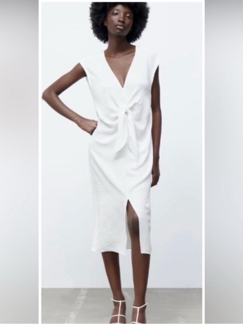 Nwt Zara fluid white Knot-Front V-Neck Midi Dress